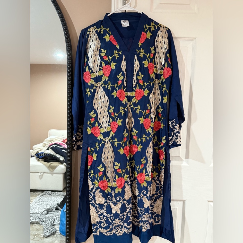 Elegant Navy Blue Embroidered Dress